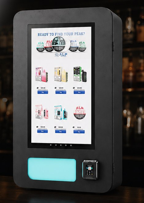 Freestanding nicotine vending kiosk with touchscreen product menu